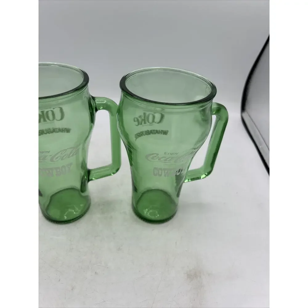 2 Vintage 1980's Coca-Cola Cowboy Whataburger Green Glass Handled Mugs